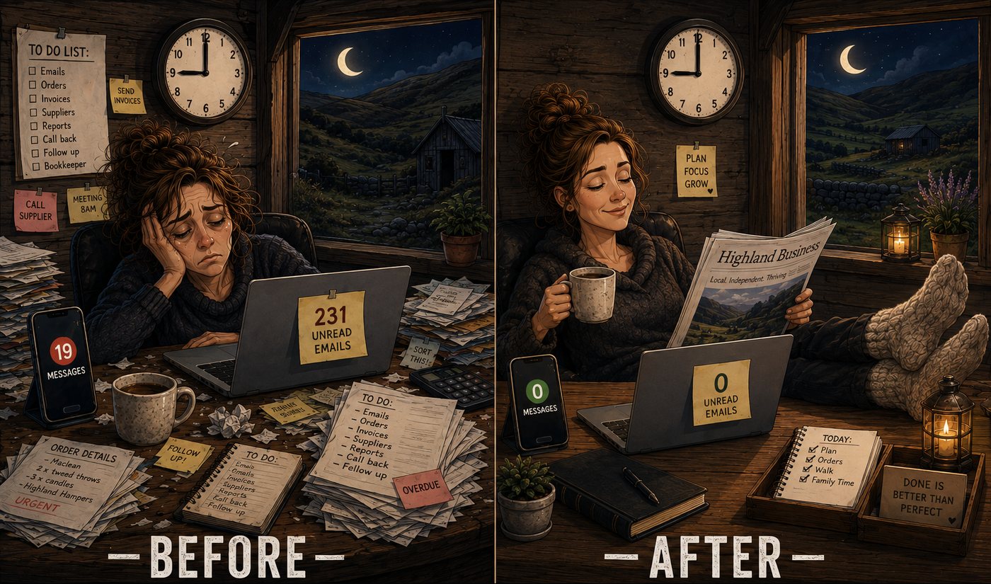 The same desk at nine o&rsquo;clock at night. Before: buried in paperwork, 231 unread emails, 19 messages, cold coffee, the owner with her head in her hand. After: the desk clear, nothing unread, the owner with her feet up and a cup of tea.